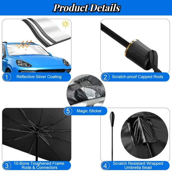 Windshield Sun Shade for Car, Car Window Shade, Foldable Car Umbrella Sunshade Cover Car Front Window, Blocks UV Rays Sun Visor Protector Sunshade for Interior Protection, Car Accessories (55"x31") - Image 3