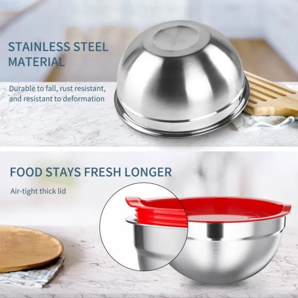 TINANA Mixing Bowls with Lids: Stainless Steel Mixing Bowls Set - 7PCS Metal Nesting Mixing Bowls for Kitchen, Size 7, 4.5, 3, 2, 1.5, 1, 0.7 QT, Great for Prep, Baking, Serving-Multi-Color - Image 3