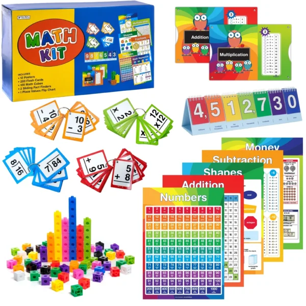 Educational Math Kit - 315 Piece Set Includes Educational posters, flash cards, math cubes, flip chart, and sliding fact finders