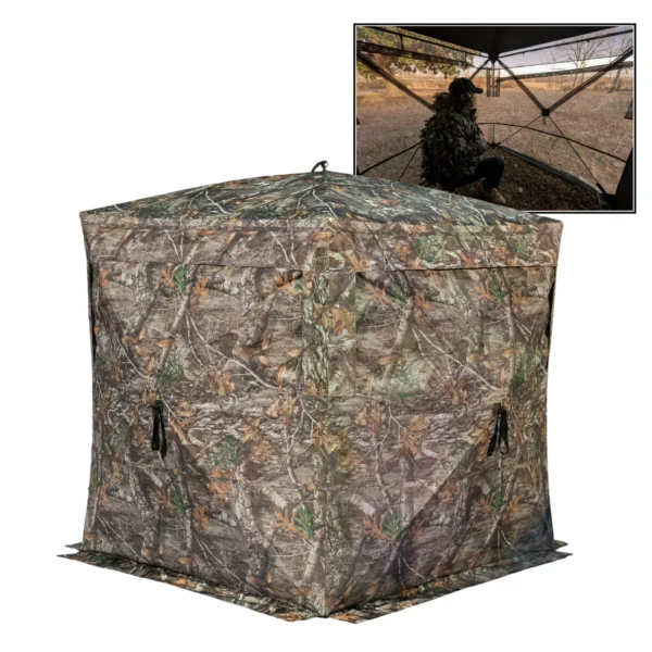 Rhino Blinds R180 3 Person Ground Blind, See-Through Mesh, 5-Hub Design, Realtree Camo