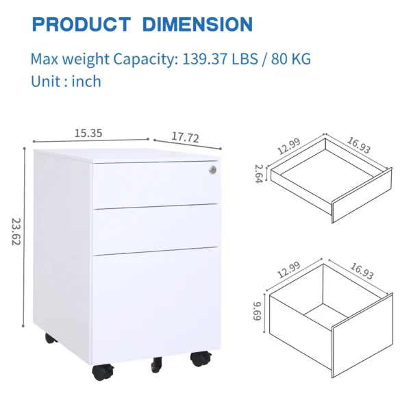 Zakamaur 3 Drawer Mobile File Cabinet with Lock Steel File Cabinet for Legal/Letter/A4/F4 Size, Fully Assembled Include Wheels, Home/ Office Design - Image 6