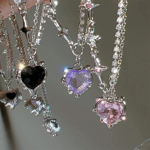 1pc Gradient Purple Zircon Star Heart Necklace Y2K Crystal Cross Star Chain Choker Irregular Egirl Love Collar Necklaces Jewelry