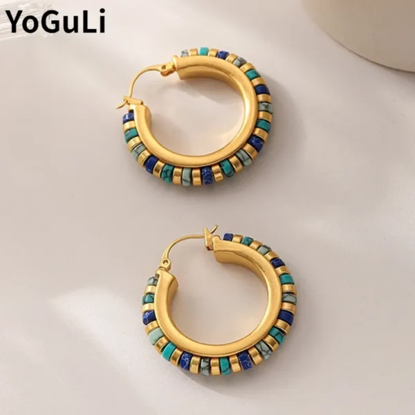 Retro Jewelry Green Stones Earrings Hot Sale Luxury Design High Quality Brass Metal Gold Color Hoop Earrings For Women 2023