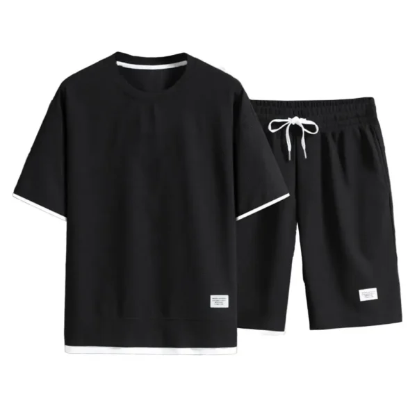 Summer Sportswear Men's O-neck Short Sleeve T-shirt Wide Leg Shorts Set with Elastic Drawstring Waist Waffle Texture Sport - Image 4