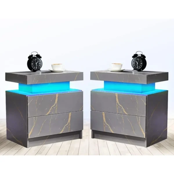 Side Bed Table With LED Light Bedside Tables for the Bedroom Furniture Generic Nightstand Set of 2 LED Nightstand With 2 Drawers - Image 6