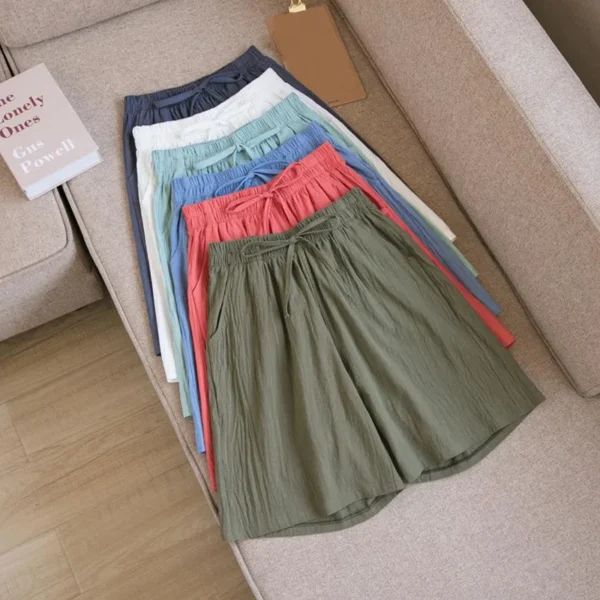 Summer Cotton Linen Loose Women's Shorts Casual Straight Short Pants Harajuku Elastic Waist Wide Leg Knee Length Shorts Women - Image 2