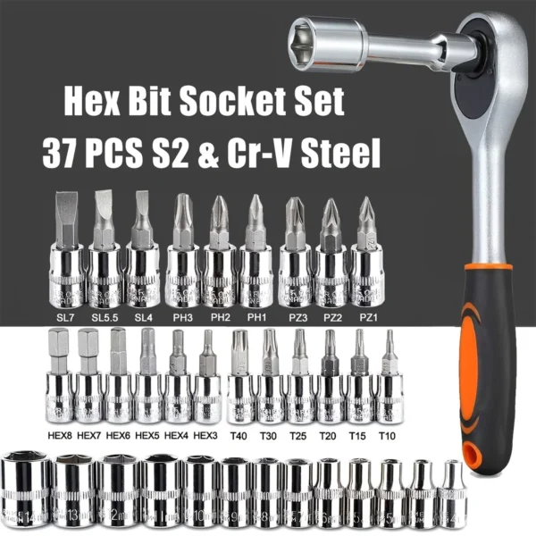 46pc Drive Socket Set 1/4 inch Ratchet Wrench Set with Sockets Metric Hex Bit Socket Set Mechanic Tool Kits for Auto Repair Hous - Image 2