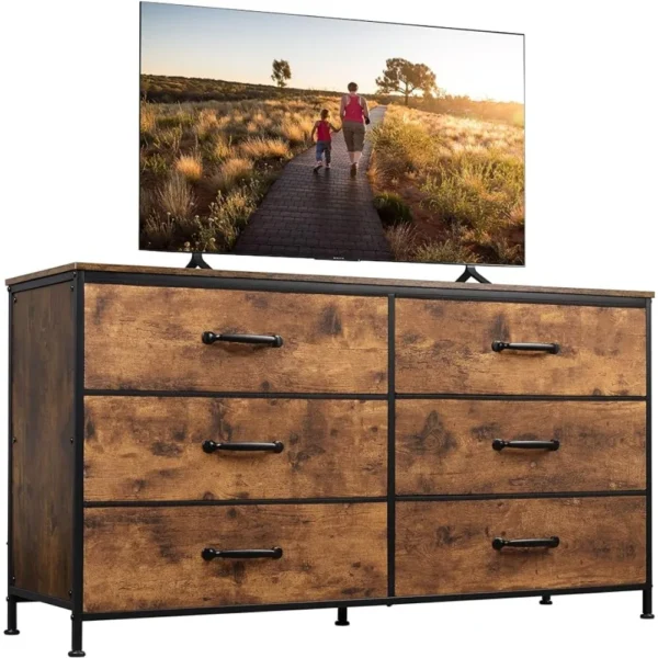 #Wide Fabric Dresser, 6 Drawer Dresser TV Stand for 60" TV, Dressers Bedroom Furniture Large Storage Tower Unit with Fabric Bins