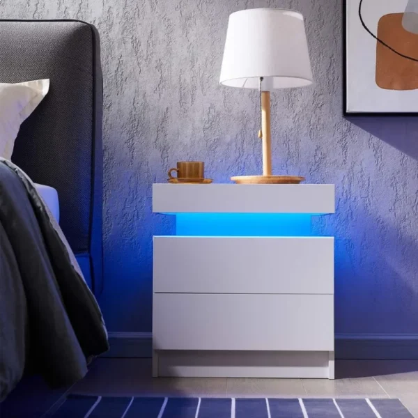 Side Bed Table With LED Light Bedside Tables for the Bedroom Furniture Generic Nightstand Set of 2 LED Nightstand With 2 Drawers - Image 4