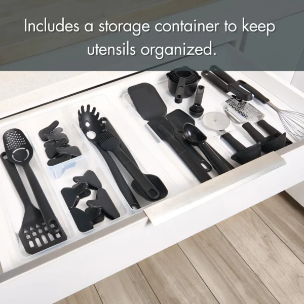 Mainstays 36pc Kitchen Gadget Set with Cooking Utensils, Measuring Cups, Clips, and Drawer Organizer, Black/Clear - Image 3