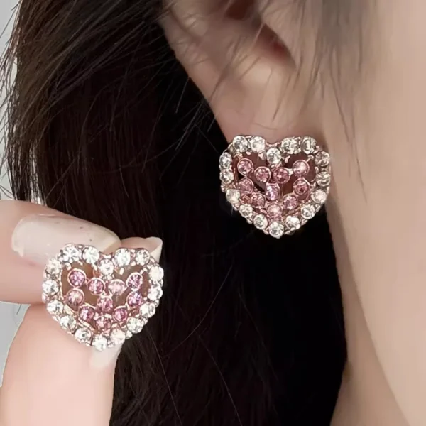 Luxury Elegant Pink Heart Rhinestone Stud Earrings For Women Romantic Earrings New Year Gift Wedding Party Earrings Jewelry Sets