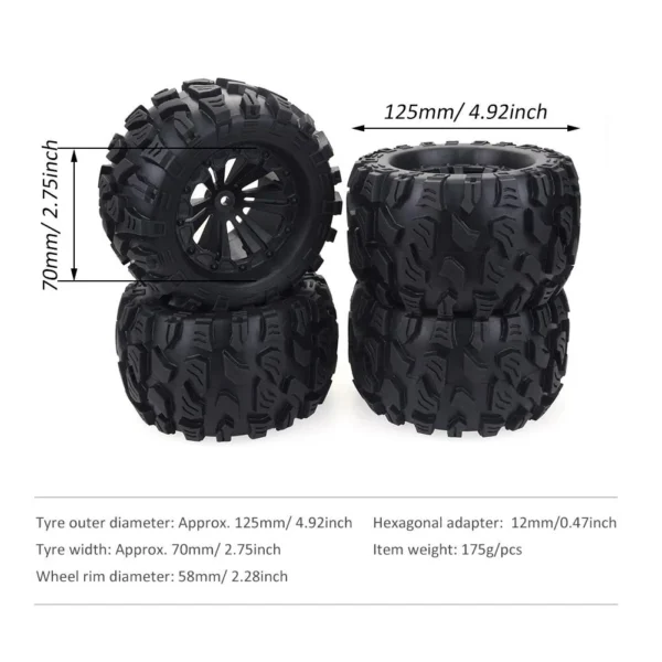 ZD Racing 4PCS 125MM 1/10 Monster Truck Tire Rubber Rocks Tyres 12mm Wheel Hex for RC Crawler Axial Traxxas Tamiya Kyosho