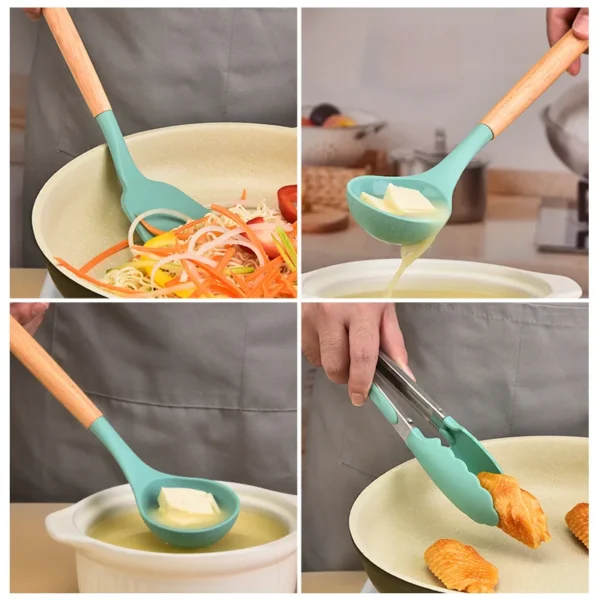 12Pcs Silicone Kitchen Utensils Cooking Wooden Handle Non Stick Pot Kitchenware Set Storage Bucket Silicone Kitchen Utensils - Image 4