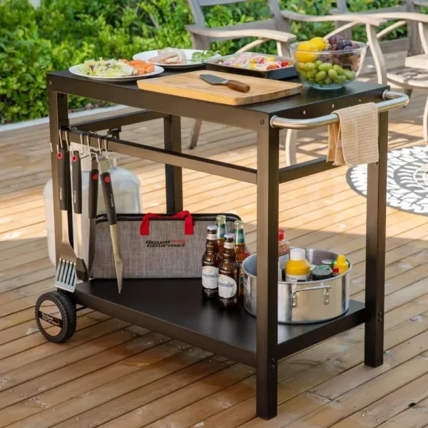 Dining Cart Table, Double Shelves, Movable Steel Flat Worktop, Hooks, Side Handles, Multi-purpose Kitchen Island