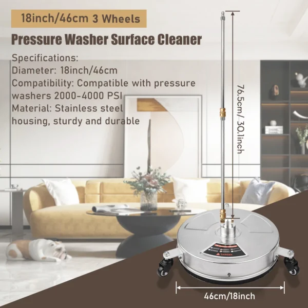 18 Inch High Pressure Cleaner Stainless Steel Floor Scrubber Surface Washer Commercial Cleaning Machine with 3 Wheels 2 Nozzles - Image 3