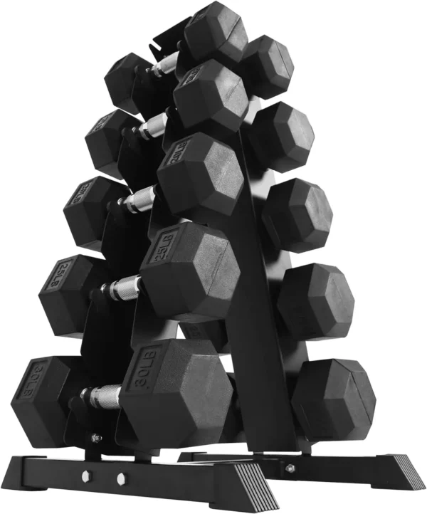 Rubber Coated Hex Dumbbell Weight Set and Storage Rack, Multiple Packages