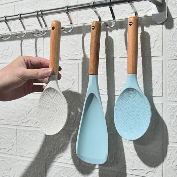 Silicone Rice Shovel Spoon Kitchenware with Long Wooden Handle Household Non-stick Big Cooking Spatula Scoop Kitchen Gadgets - Image 4