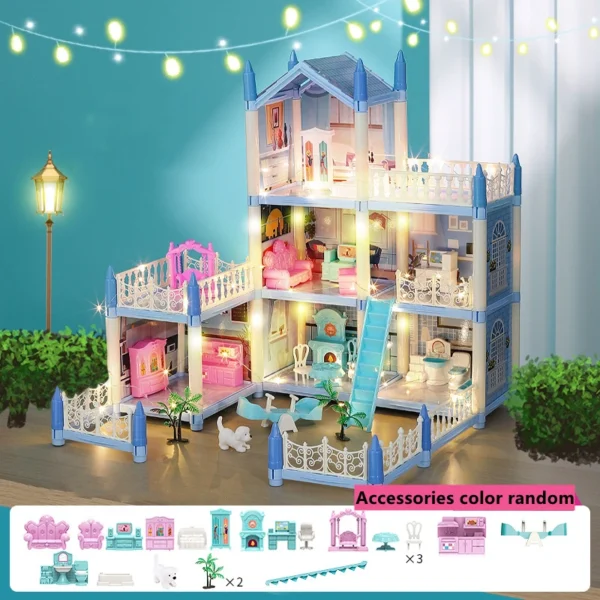 Doll House 3d Assembly Diy Miniature Model Children's Crossing House Villa Princess Castle Led Light Girl Birthday Gift Toy Hous - Image 3