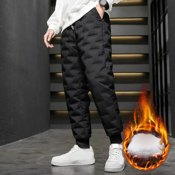 Men Fleece-lined Cotton Pants Winter Trousers Thickened White Duck Down Padded Joggers Warm Winter Sweatpants with Elastic Waist - Image 3