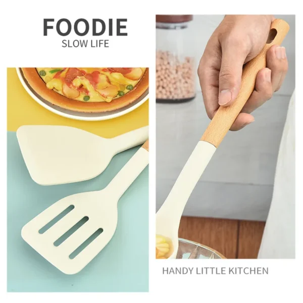 White wooden handle kitchen cooking tools silicone kitchenware seven piece set silicone spatula kitchen utensils cooking stir fr - Image 3