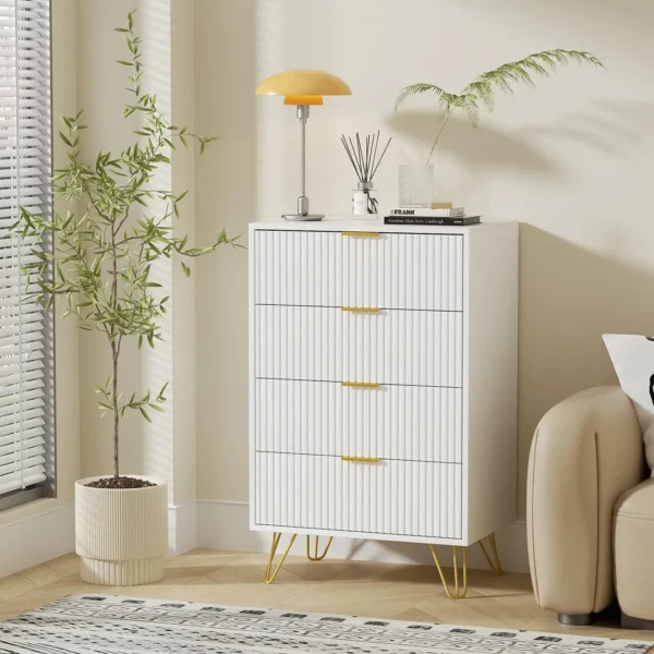 4 Drawer, White Bedroom Dresser with Gold Handles, Tall Chest of Drawers for Kids Room, Small Wood Storage Tower - Image 2