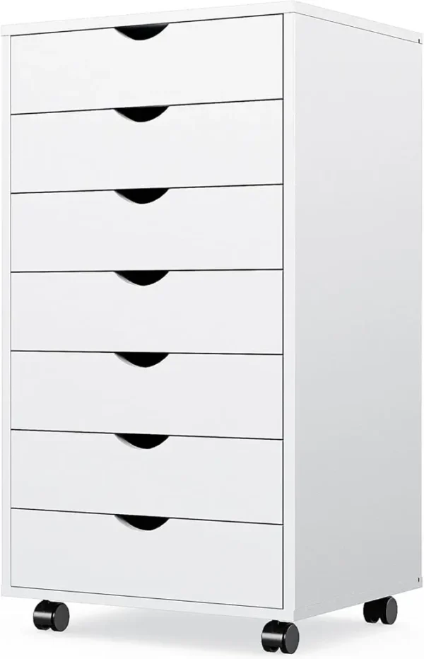 7 Drawer Chest - Storage Cabinets Dressers, White ,Wood Dresser Cabinet with Wheels Mobile Organizer Drawers for Office, Home