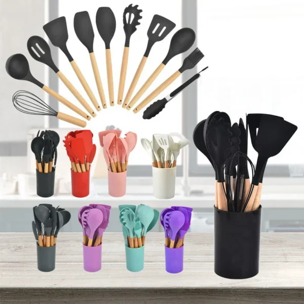 12 Pcs Silicone Kitchen Utensils Set Non-Stick Cookware for Kitchen Wooden Handle Spatula Egg Beaters Kitchenware Accessories - Image 6