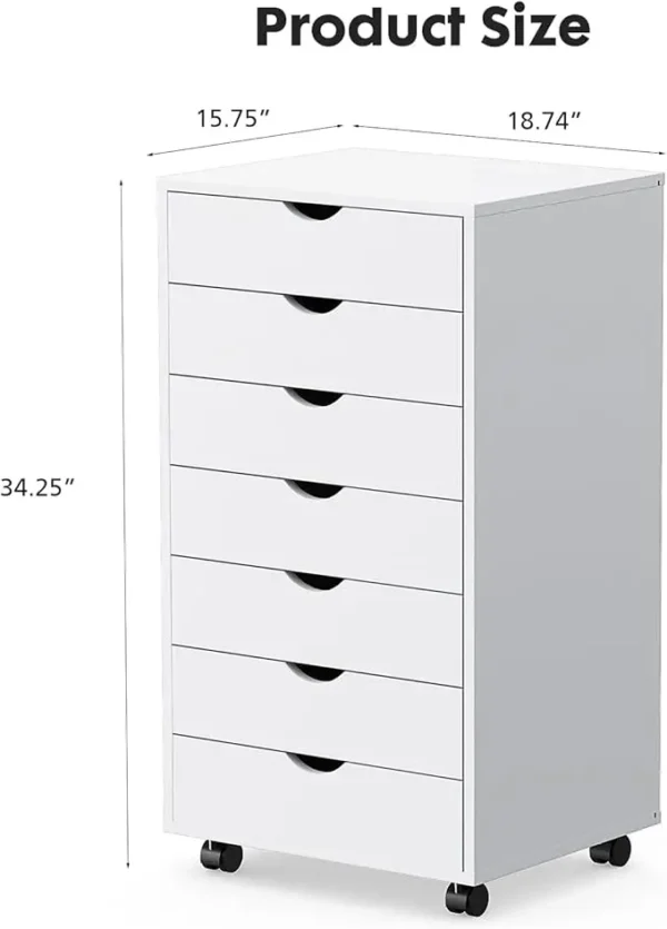 7 Drawer Chest - Storage Cabinets Dressers, White ,Wood Dresser Cabinet with Wheels Mobile Organizer Drawers for Office, Home - Image 2