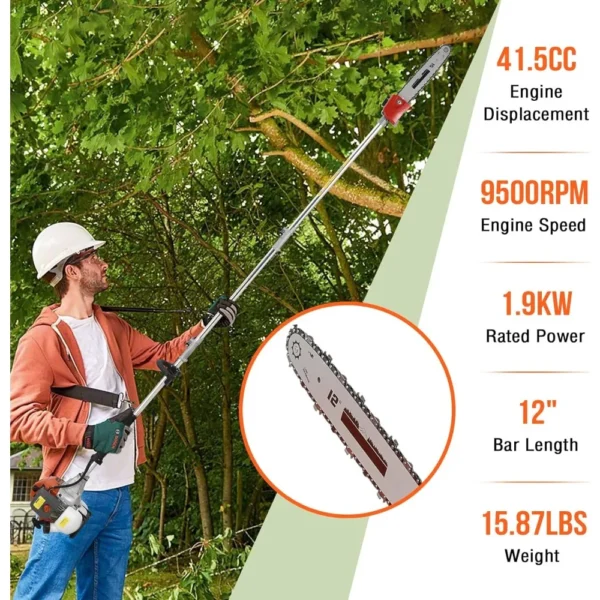 Gas Powered Hedge Trimmer 41.5cc 5 in 1 Multi Functional Garden Trimming Tools Gas Weed Eater Long Reach Pole Saw - Image 2