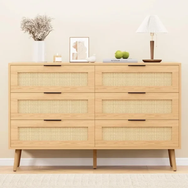 Natural Rattan Dresser for Bedroom with 6 Drawers Modern Wood 6 Drawer Dresser with Black Handles Chest of Drawers for Nursery