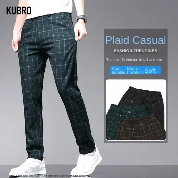 KUBRO Summer Thin Ice Silk Office Men's Business Casual Suit Pants Korean Fashion Youth Slim Straight Versatile Plaid Trousers - Image 3