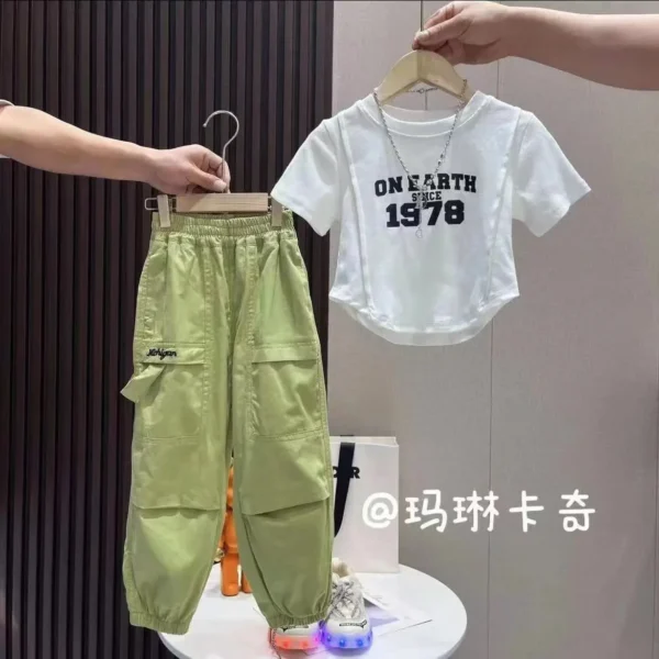 Girls' Suits Summer New Short-sleeved Tops Simple Design + Thin Overalls Two-piece Suits for Casual Wear Loungewear Outfit - Image 3