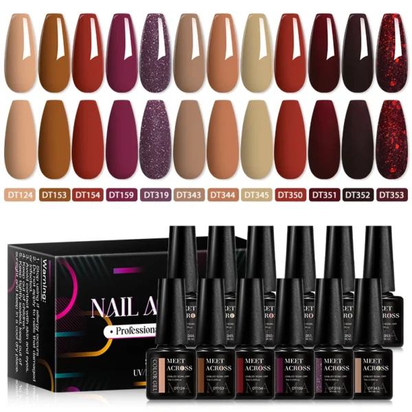 MEET ACROSS 12Pcs/Set 7ml Brown Series Gel Nail Polish With Box Autumn Semi Permanent UV Gel Soak Off Nail Art Kit Varnish