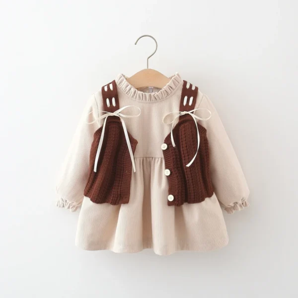 Autumn and Winter New Girls Dress Long Sleeve Casual Lady Bow Ribbon Waistcoat Two-piece Set (0-3 Years Old Girls)