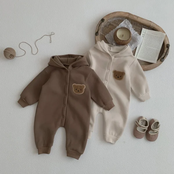 Winter Newborn Baby Plush Bodysuit Button Jumpsuit Cartoon Bear Hoodies Boy Girl Romper Twins Clothes Korean version - Image 3