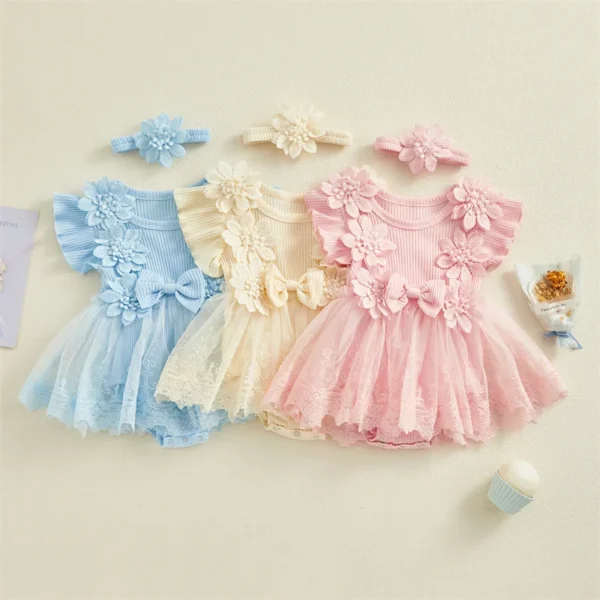 3D Flower Summer Baby Girls Romper Princess Mesh Newborn Clothes Lace Patchwork Ruffle Bodysuit Dress Headband Kids Clothing - Image 3