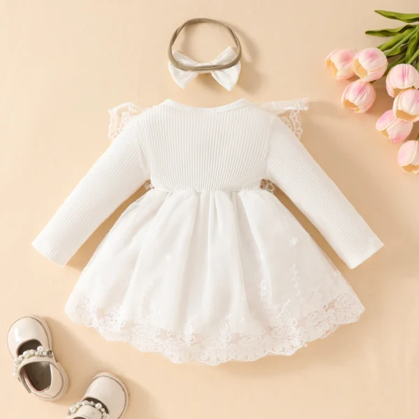 Baby girls casual white mesh lace long-sleeved dress Sweet baby girls white flower christening dress - Image 2