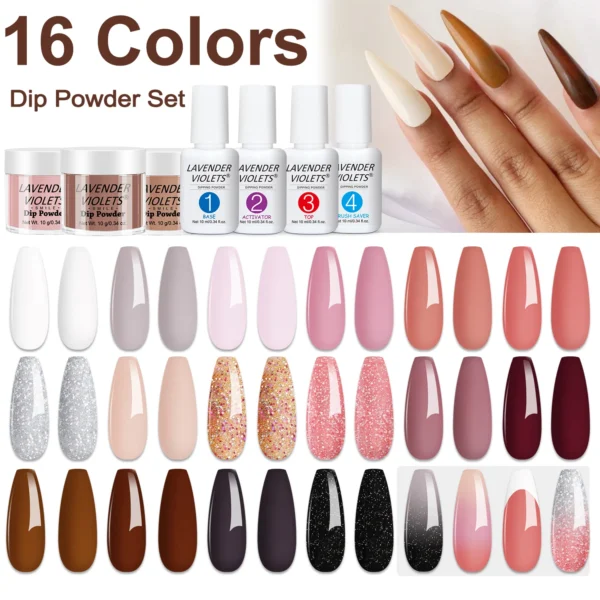 20pcs Dip Powder Nail Kit with 16 Autumn Brown Pink Colors Air Dry Dipping Powder and Dip Liquid Set for Nail Art Manicure