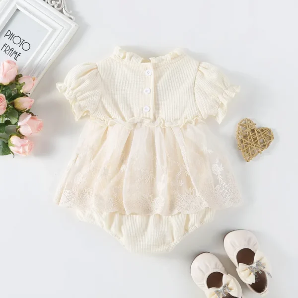 Spring Summer Solid Princess Baby Girl Tutu Skirt Style Bodysuit Toddler Infant Waffle One Piece Lace Party Outfit Play Suit - Image 2