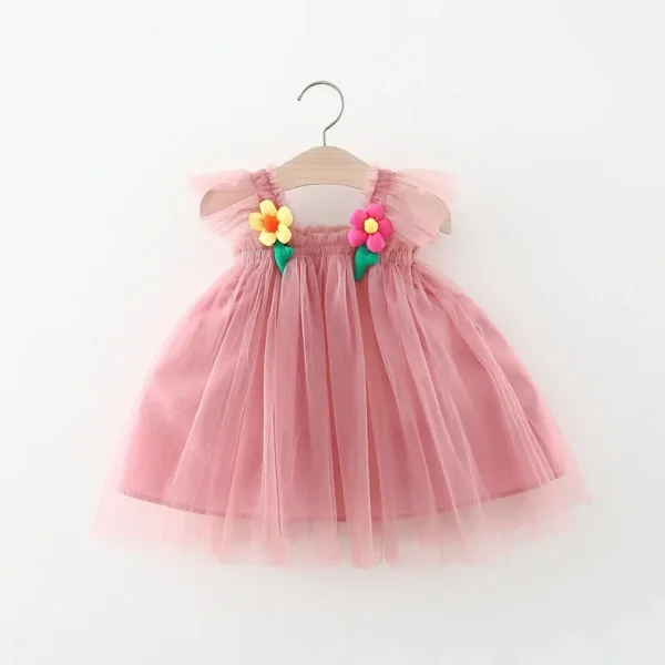 Baby Girl Dress Summer Fresh Transparent Mesh Dress Beautiful Flower Girl Baby One Collar Strap Skirt (0-3 Years Old) - Image 3