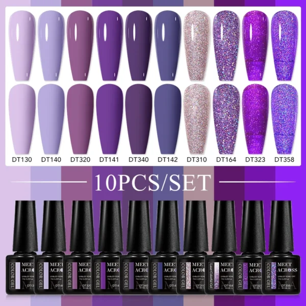 MEET ACROSS 10Pcs/Set Purple Nude Series Gel Nail Polish Summer Simple Nail Art Varnish Semi Permanent UV Gel Manicure Kits